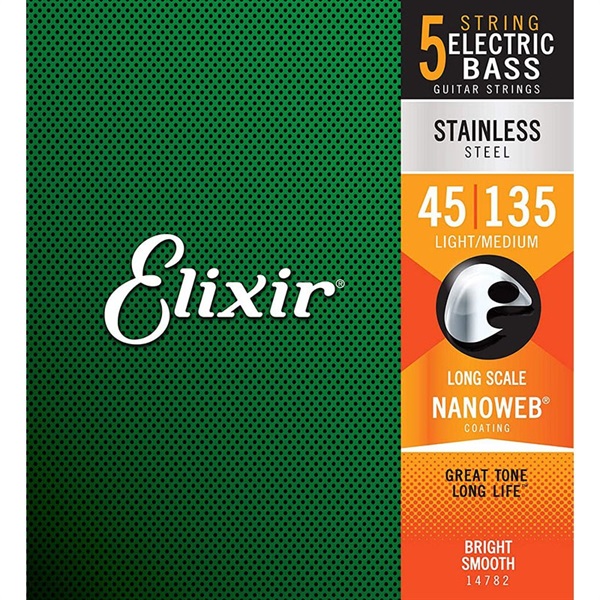 ELIXIR Stainless Steel Bass Strings with ultra-thin NANOWEB Coating(5-String Light/Medium B/Long 045-135)#14782