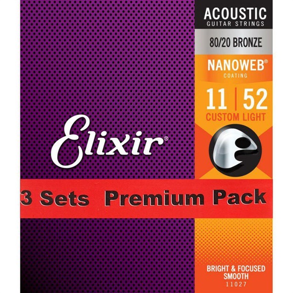 ELIXIR Acoustic 80/20 Bronze with NANOWEB Coating 3SET PACK #11027 (Custom Light/11-52)