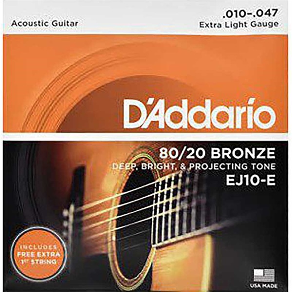 D’Addario 80/20 Bronze Round Wound Acoustic Guitar Strings EJ10-E (Extra Light/10-47) 【E弦プラスパック】