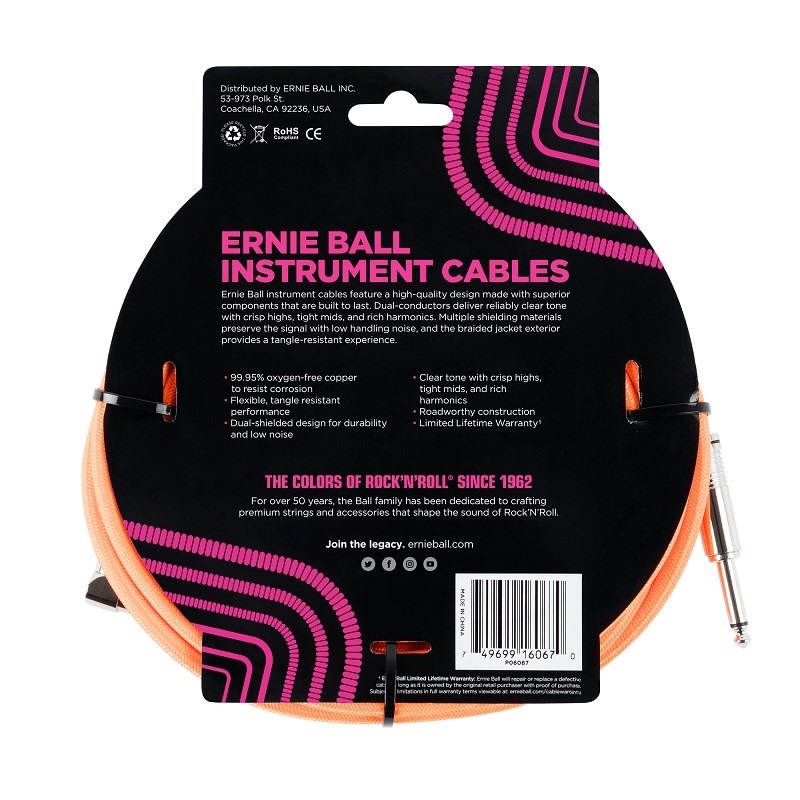 ERNIE BALL 【クリスマススペシャルSALE】 Braided Instrument Cable 25ft S/L (Neon Orange) [#6067] 画像1