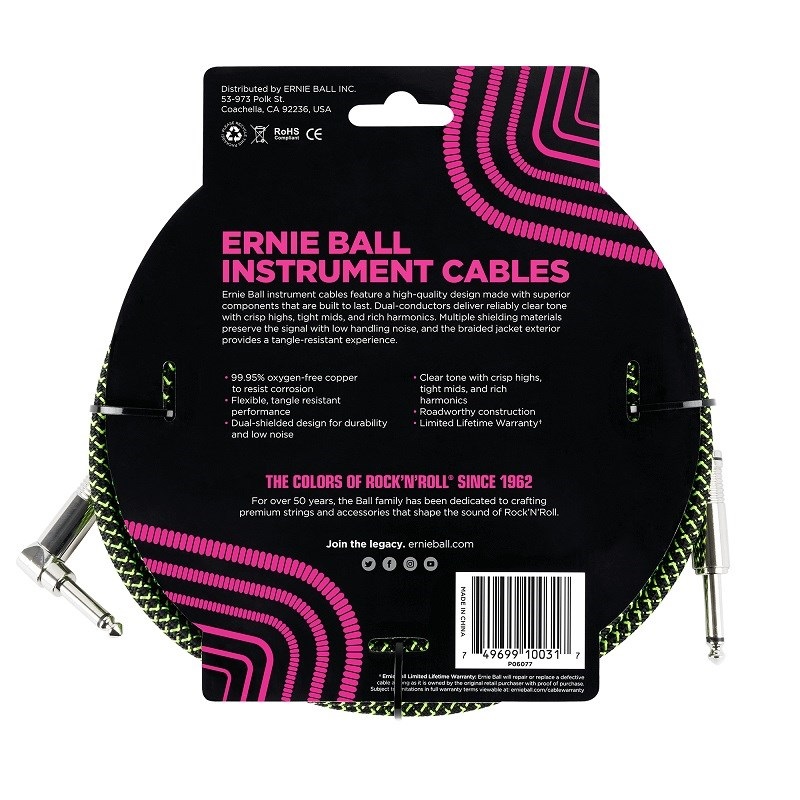 ERNIE BALL Braided Instrument Cable 10ft S/L (Black/Green) [#6077] 画像1