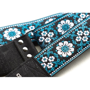 Couch Guitar Strap Cork&Turquoise Flowers Woven 画像1