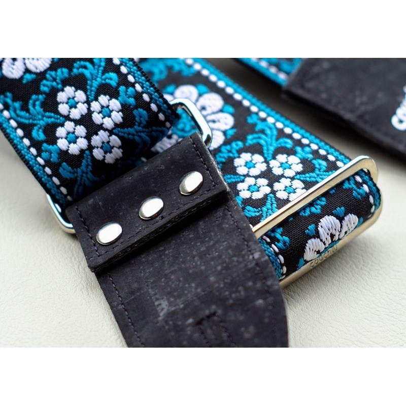 Couch Guitar Strap Cork&Turquoise Flowers Woven 画像2